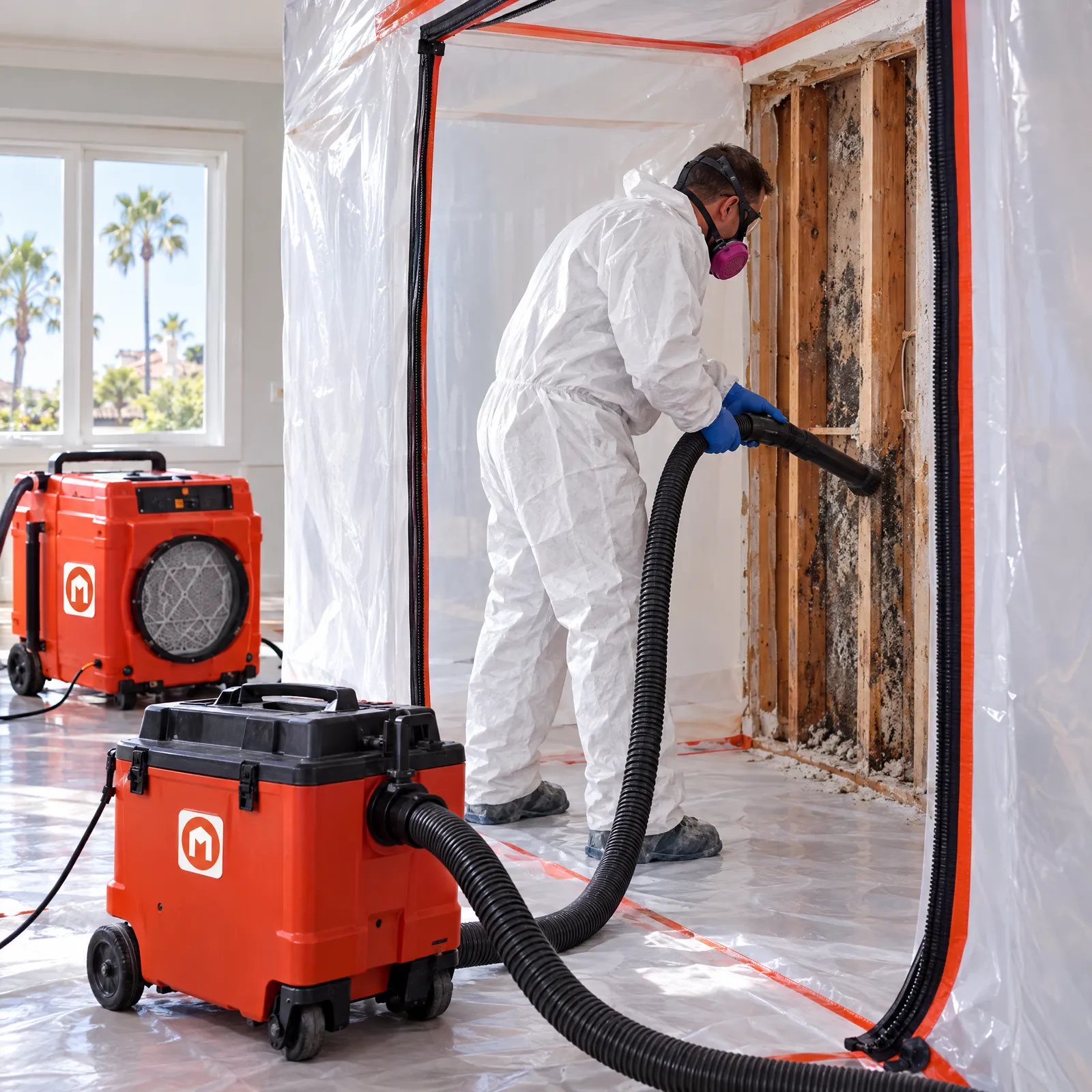 Mold remediation inside containment with HEPA vacuum and air scrubber