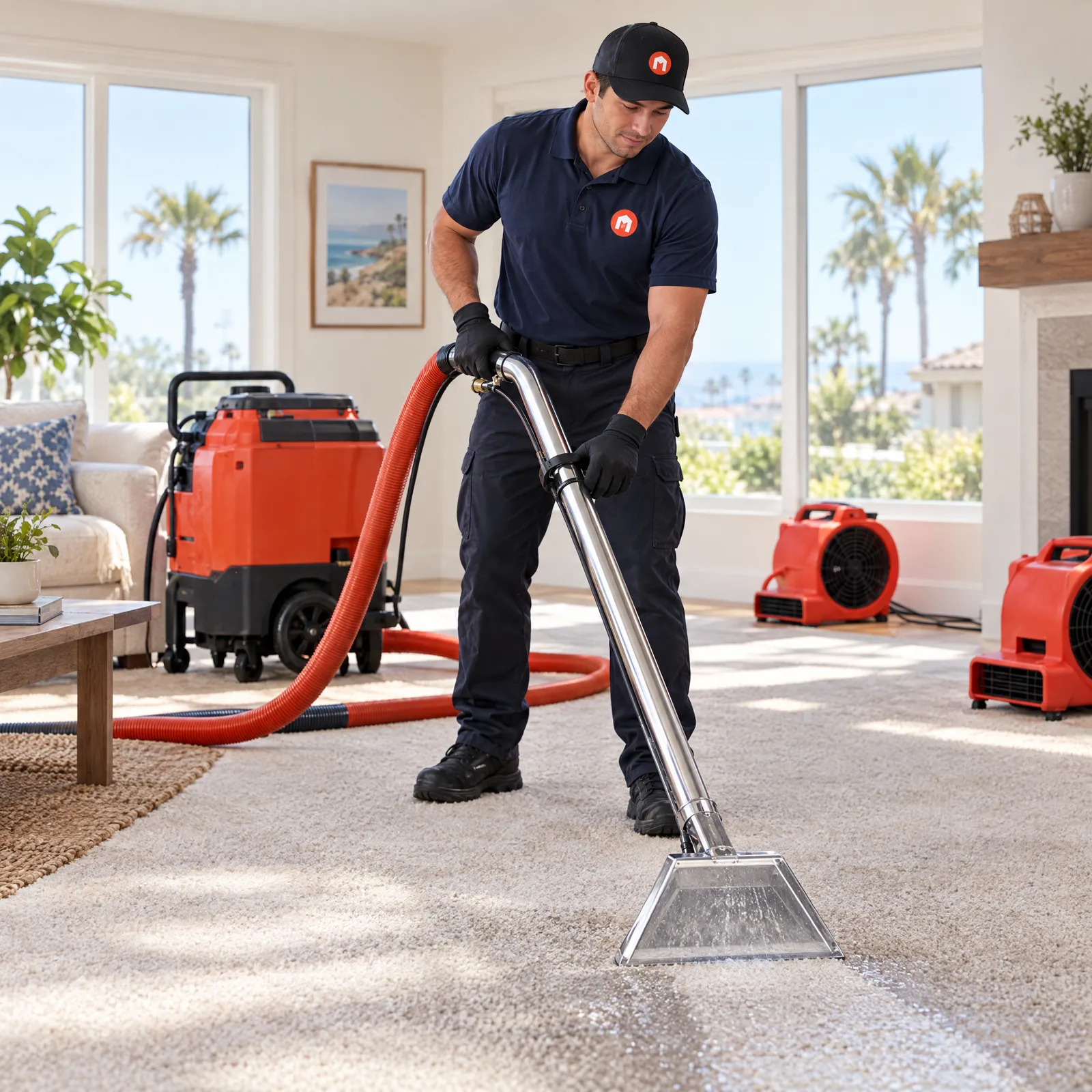 Technician extracting water from wet carpet