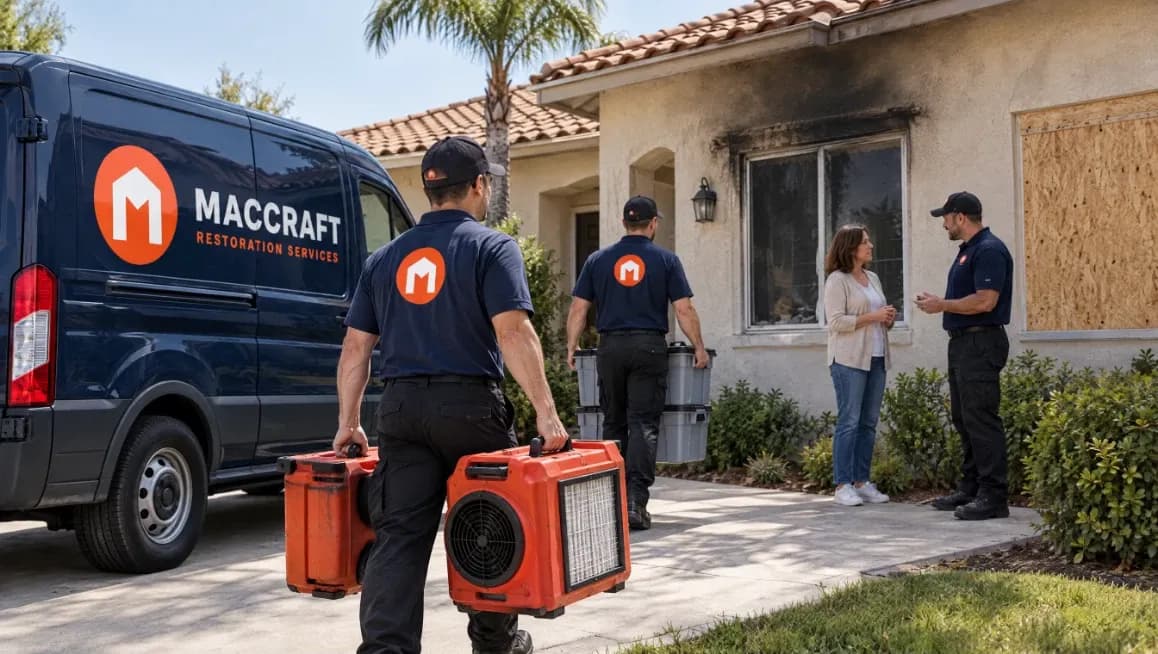 Maccraft crew arriving with drying equipment at a fire-damaged San Diego home with a boarded-up window