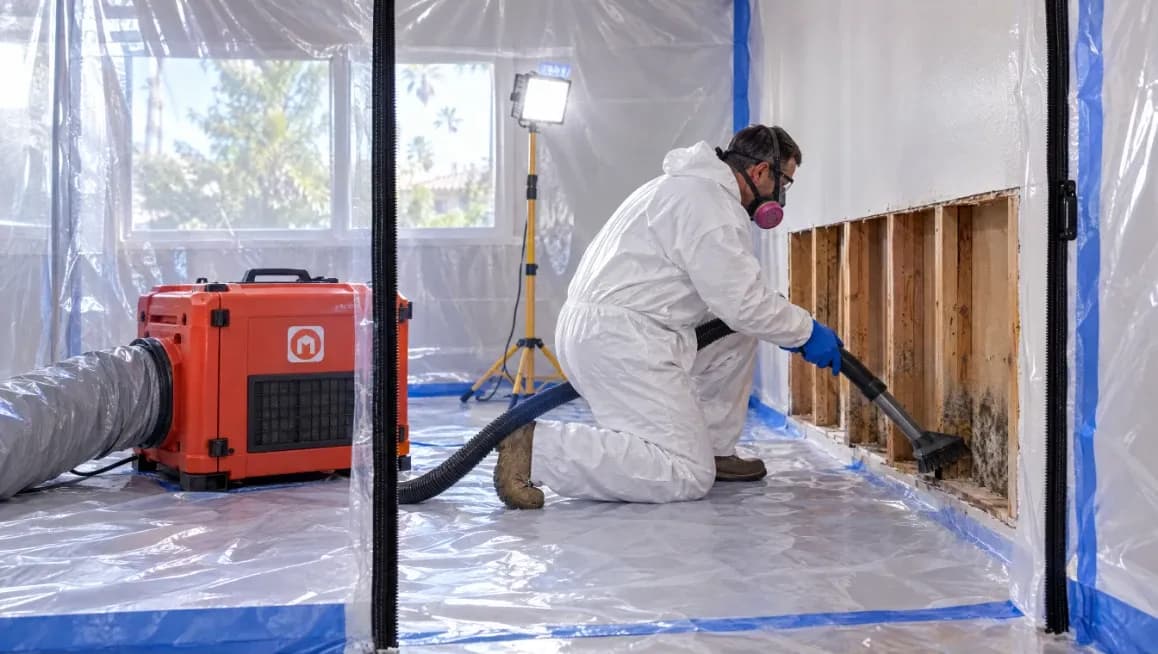 Maccraft technician in protective suit and respirator cleaning mold from wall framing inside a sealed containment with HEPA filtration