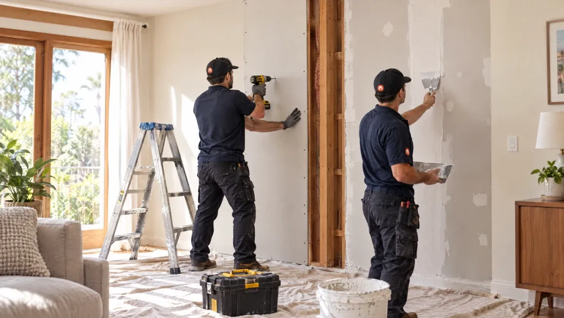 Two Maccraft carpenters hanging and taping new drywall in a living room after a water loss
