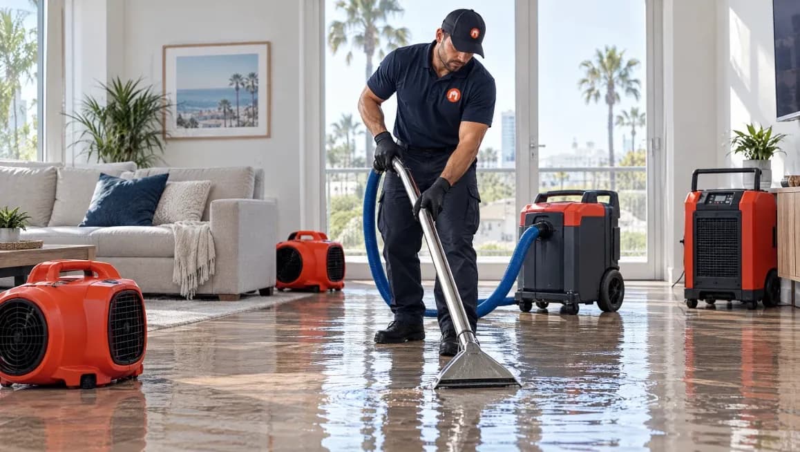 Maccraft technician extracting standing water from a flooded San Diego living room, with air movers and a dehumidifier running