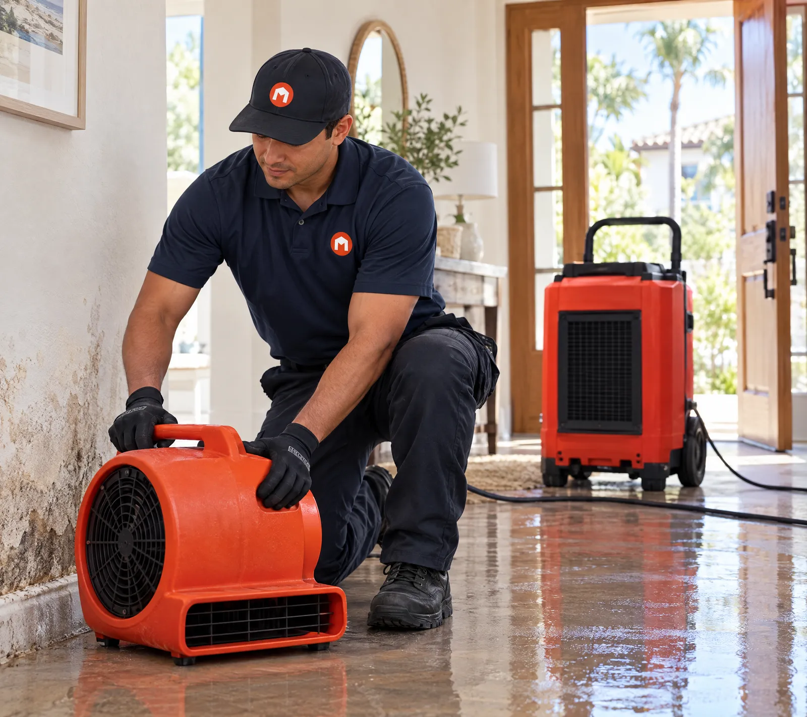 Maccraft technician setting up an air mover to dry a wet wall