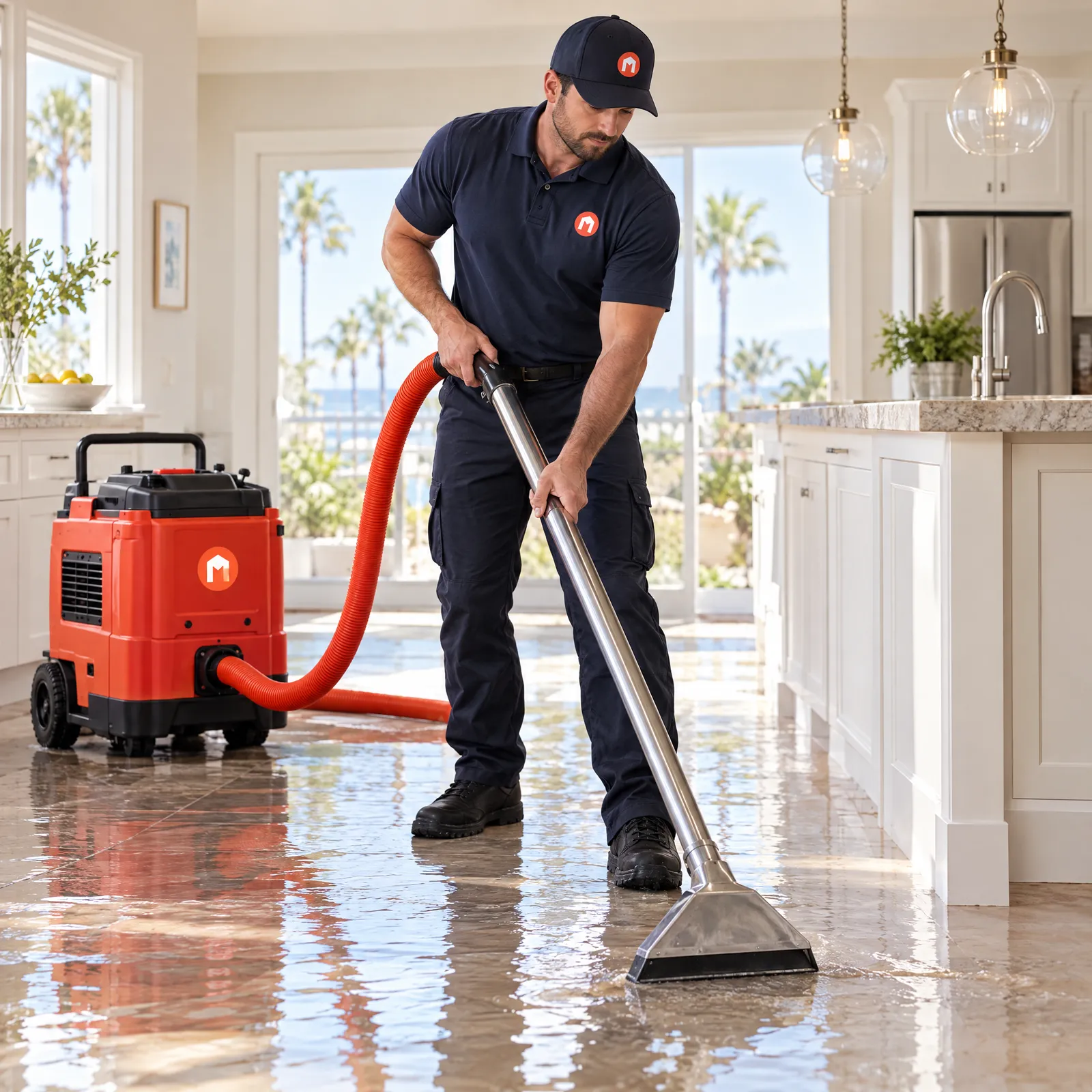 Maccraft technician extracting water from a kitchen floor