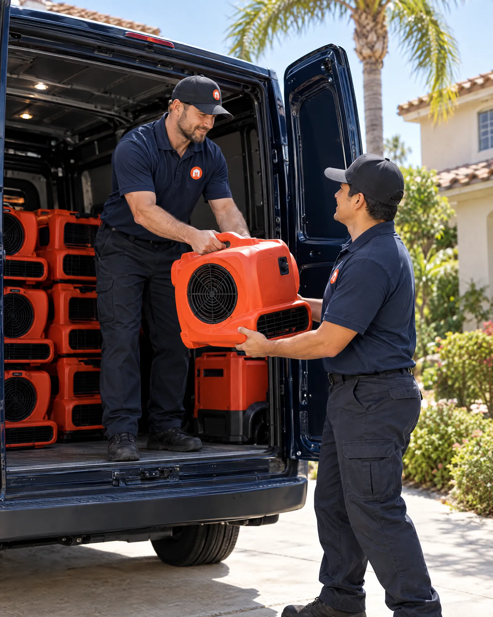 Maccraft Restoration technicians unloading air movers from the company van in San Diego