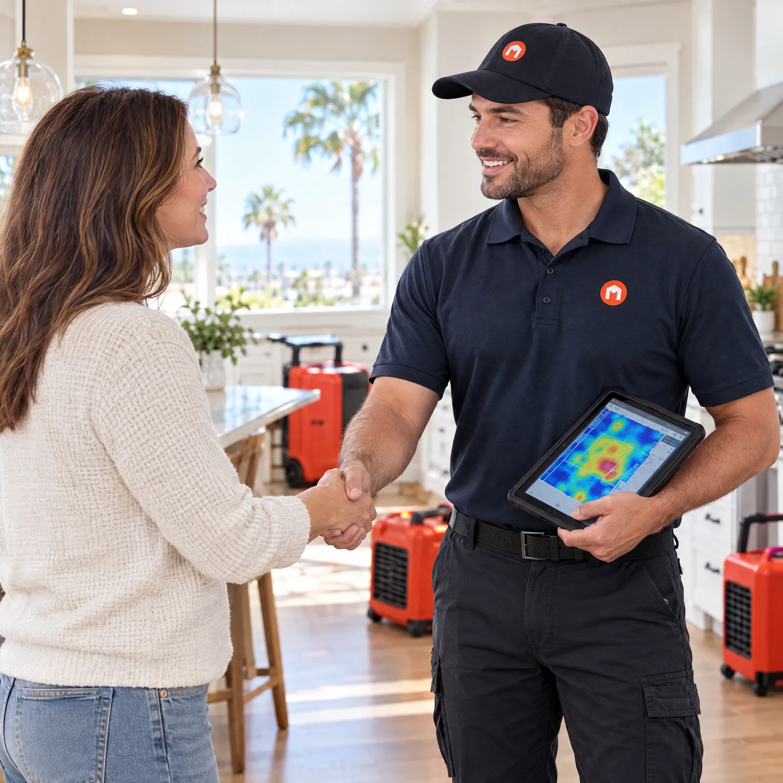 Maccraft technician shaking hands with a homeowner after reviewing the moisture map